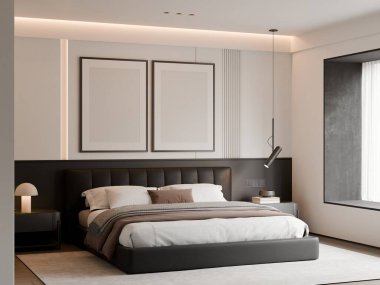 Modern Minimalist Lüks Siyah ve Beyaz Yatak Odası İç Çerçeve Yapılandırması - 3B