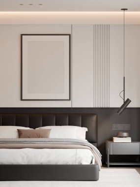 Modern Minimalist Lüks Siyah ve Beyaz Yatak Odası İç Çerçeve Yapılandırması - 3B