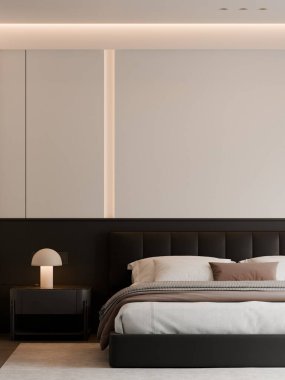 Modern Minimalist Lüks Siyah ve Beyaz Yatak Odası İç Çerçeve Yapılandırması - 3B