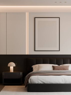 Modern Minimalist Lüks Siyah ve Beyaz Yatak Odası İç Çerçeve Yapılandırması - 3B