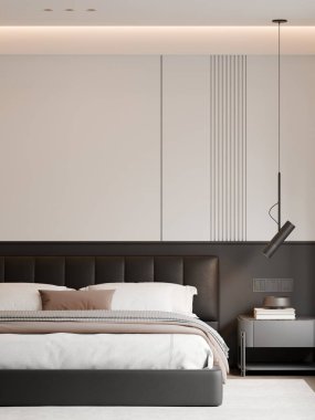 Modern Minimalist Lüks Siyah ve Beyaz Yatak Odası İç Çerçeve Yapılandırması - 3B