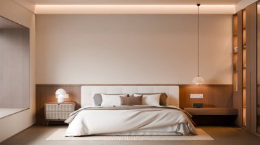 Modern Minimalist Bedroom Interior with Frame Poster Mockup - 3d Render
