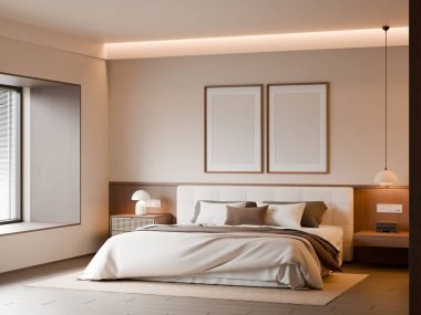 Modern Minimalist Bedroom Interior with Frame Poster Mockup - 3d Render