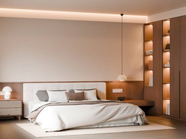 Modern Minimalist Bedroom Interior with Frame Poster Mockup - 3d Render