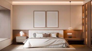 Modern Minimalist Bedroom Interior with Frame Poster Mockup - 3d Render