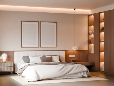 Modern Minimalist Bedroom Interior with Frame Poster Mockup - 3d Render