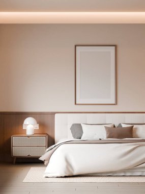 Modern Minimalist Bedroom Interior with Frame Poster Mockup - 3d Render