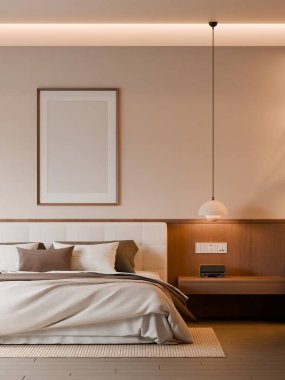 Modern Minimalist Bedroom Interior with Frame Poster Mockup - 3d Render