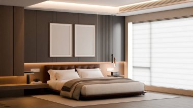 Modern Minimalist Bedroom Interior with Frame Poster Mockup - 3d Render