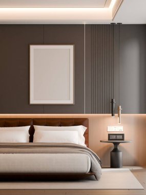 Modern Minimalist Bedroom Interior with Frame Poster Mockup - 3d Render