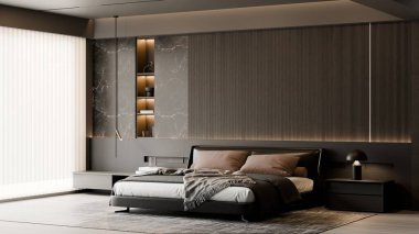 Modern Lüks Üst Düzey Yatak Odası İçi Koyu Ahşap Paneller ve İki Sanat Çerçevesi Yatak 3 boyutlu