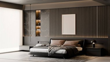 Modern Lüks Üst Düzey Yatak Odası İçi Koyu Ahşap Paneller ve İki Sanat Çerçevesi Yatak 3 boyutlu
