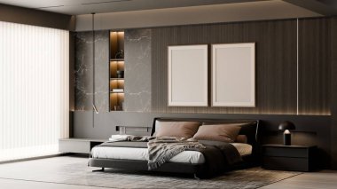 Modern Lüks Üst Düzey Yatak Odası İçi Koyu Ahşap Paneller ve İki Sanat Çerçevesi Yatak 3 boyutlu