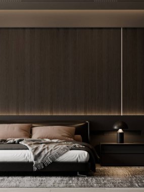Modern Lüks Üst Düzey Yatak Odası İçi Koyu Ahşap Paneller ve İki Sanat Çerçevesi Yatak 3 boyutlu