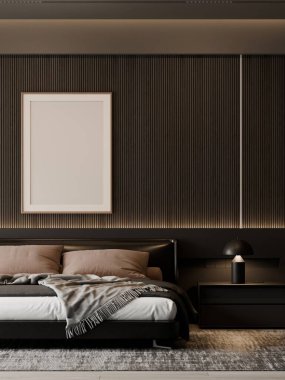 Modern Lüks Üst Düzey Yatak Odası İçi Koyu Ahşap Paneller ve İki Sanat Çerçevesi Yatak 3 boyutlu