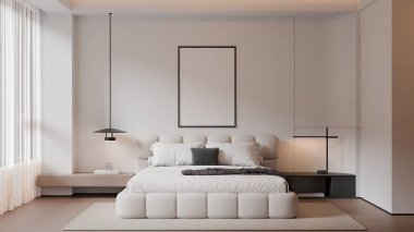 Modern Minimalist Bedroom Interior with Frame Poster Mockup - 3d Render