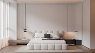 Modern Minimalist Bedroom Interior with Frame Poster Mockup - 3d Render