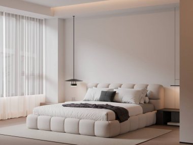 Modern Minimalist Bedroom Interior with Frame Poster Mockup - 3d Render