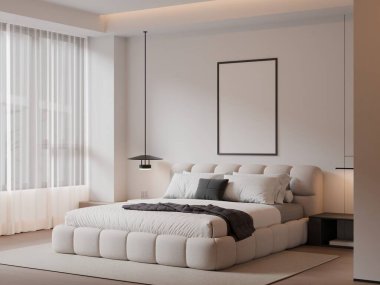 Modern Minimalist Bedroom Interior with Frame Poster Mockup - 3d Render