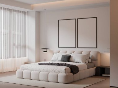 Modern Minimalist Bedroom Interior with Frame Poster Mockup - 3d Render