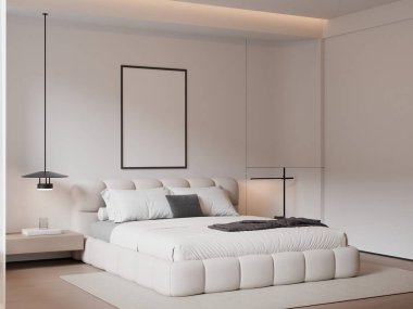 Modern Minimalist Bedroom Interior with Frame Poster Mockup - 3d Render