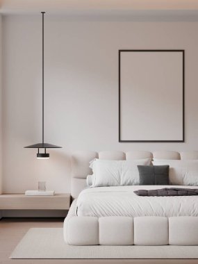 Modern Minimalist Bedroom Interior with Frame Poster Mockup - 3d Render