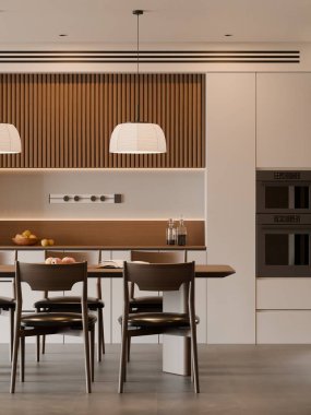 Sıcak Ahşap Aksanı ve Çağdaş Işıklı Modern Minimalist Yemek Alanı - 3D Render