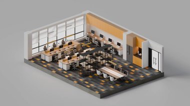 Modern Açık Ofis Çalışma Alanı Çalışma Masaları, Toplantı Alanı ve Minimalist İç Tasarım - 3d Render
