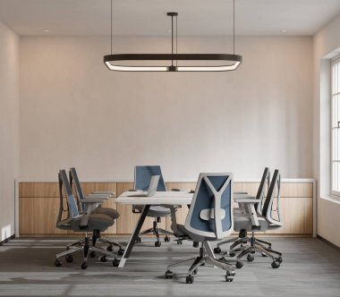 Minimalist Mobilyalı Modern Konferans Odası ve Temiz Duvar Arkaplan 3D