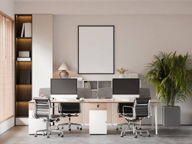 Çerçeve Posteri Yapılandırması ile Modern Açık Ofis Çalışma Alanı İçi - 3d Render