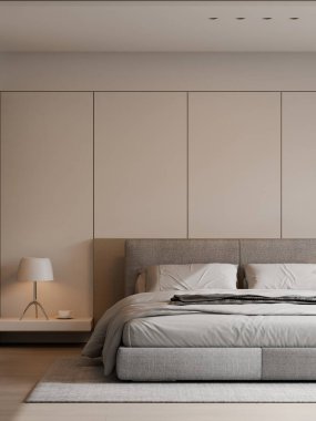 İçinde simetrik kompozisyonu, döşenmiş yatağı ve sıcak nötr tonları olan lüks bir apartman odasının 3 boyutlu görüntüsü. Premium daire markalaşması, lüks emlak pazarlaması ve lüks konut tasarımı görselleri için uygundur..