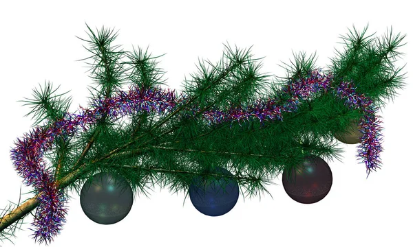 3 boyutlu görüntü. Noel ağacının dalında oyuncaklar ve 