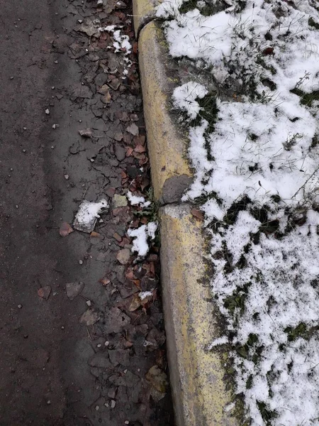 leaves by the curb and snow on the sidewalk