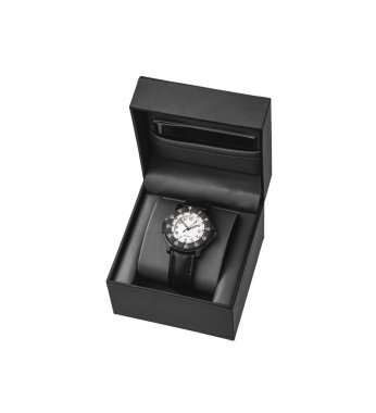 Modern bilek mekanik saati beyaz arka planda izole edilir. Spor ve günlük giysiler için erkek saati. Açık bir hediye kutusunda izle.