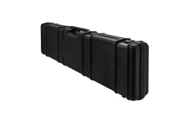 Silah taşımak ve depolamak için siyah plastik çanta. Silah taşıyıcısı beyaz arkaplanda izole edildi.