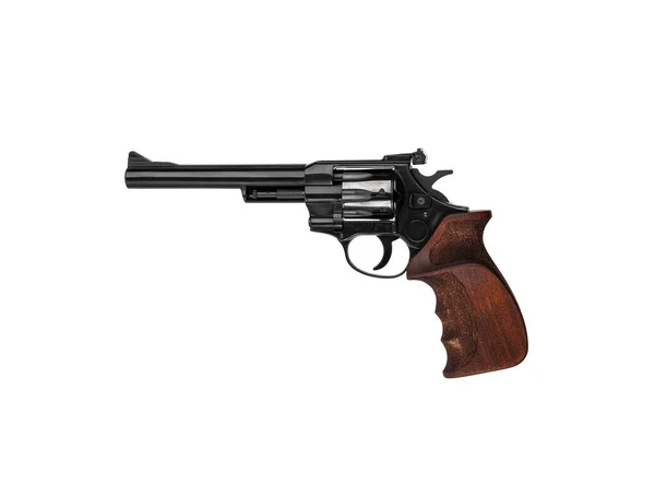 Revólver Pistola Preta Com Aperto Madeira Marrom Isolado Fundo Branco — Fotografia de Stock