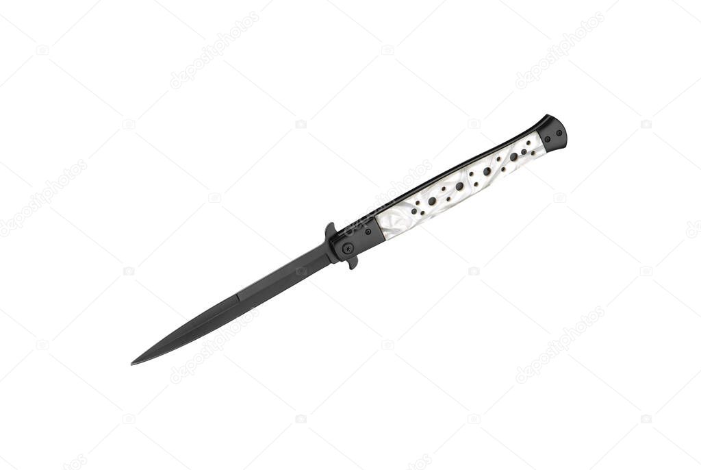 Switchblade pocket knife isolated on white background. Black penknife with marble handle. Elgant melee weapons.