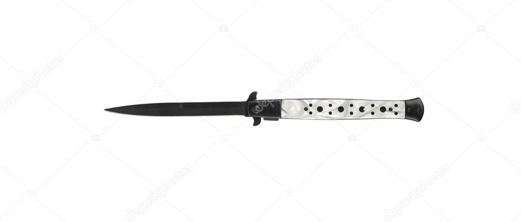 Switchblade pocket knife isolated on white background. Black penknife with marble handle. Elgant melee weapons.