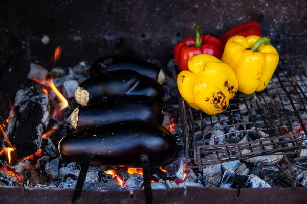 Legumes Frescos Grelhados Amarelo Pimentas Vermelhas Berinjela São Grelhados Churrasco — Fotografia de Stock