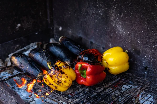 Legumes Frescos Grelhados Amarelo Pimentas Vermelhas Berinjela São Grelhados Churrasco — Fotografia de Stock