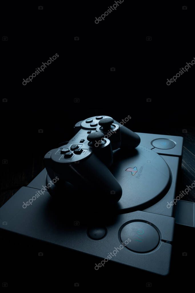 April 14, 2020, Odessa, Ukraine. Playstation game console. Vintage console from the 90s. The best gift for a boy, boyfriend, man.
