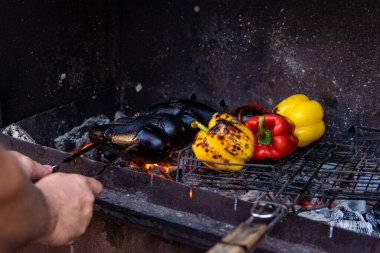 Izgara taze sebze. Sarı, kırmızı dolmalık biber ve patlıcan ızgarada. Vejetaryen mangal partisi..