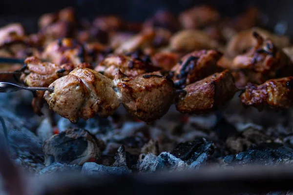 Taze Şiş Kebap Izgarada Kızartılır Şişte Izgara Yemek Pişirme — Stok fotoğraf