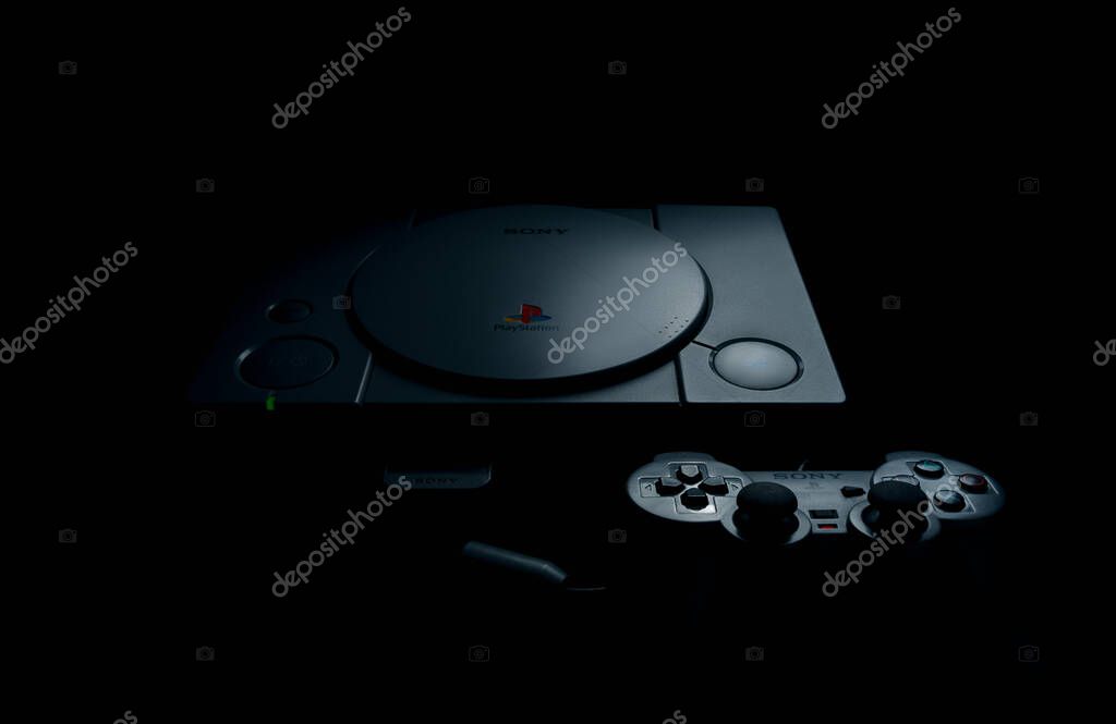 April 14, 2020, Odessa, Ukraine. Playstation game console. Vintage console from the 90s. The best gift for a boy, boyfriend, man.