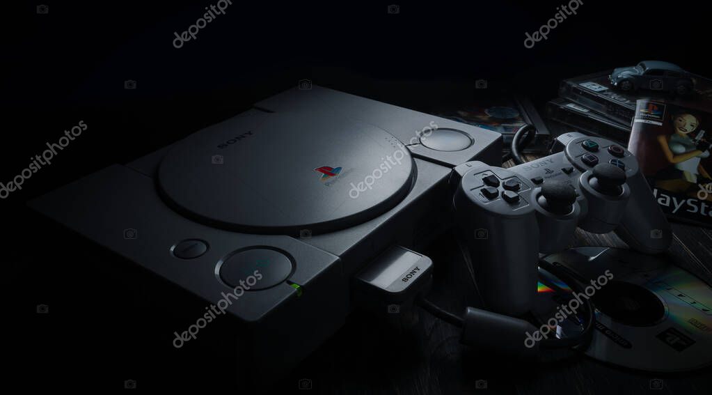 April 14, 2020, Odessa, Ukraine. Playstation game console. Vintage console from the 90s. The best gift for a boy, boyfriend, man.