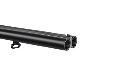 Klasik tetik, beyaz arka planda çift namlulu av tüfeği. Düz namlulu av tüfeği.