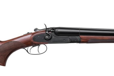 Klasik tetik, beyaz arka planda çift namlulu av tüfeği. Düz namlulu av tüfeği.