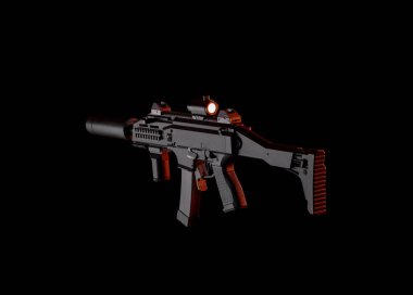 Modern otomatik tüfek siyah arka planda izole edilmiş. Polis, özel kuvvetler ve ordu için silahlar. Optik, mekanik görüşe sahip bir karabina ve karanlık bir arka planda susturucu..