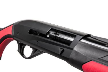 Modern semi-automatic shotgun with a plastic butt isolate on a white background. Weapons for hunting, sports and self-defense.