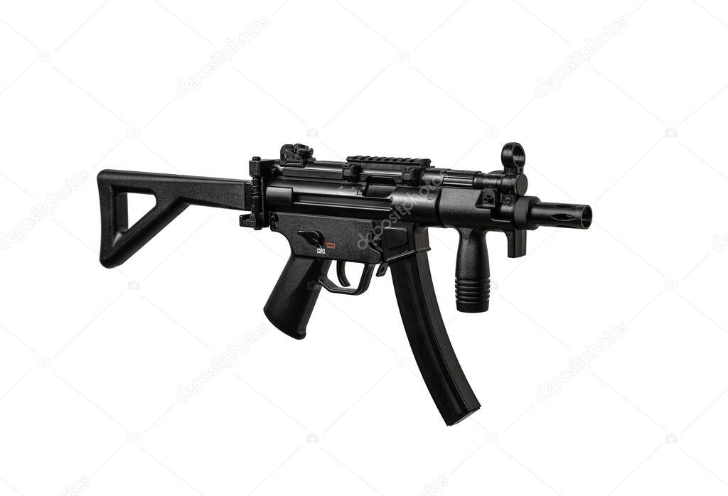Automatic submachine gun MP 5. Weapons for the police, army and special forces. Exact copy. Isolate on a white background.